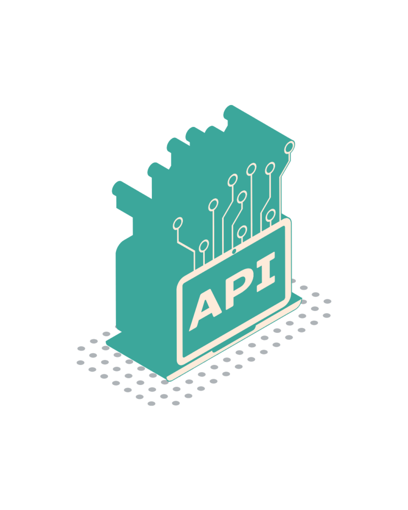 Custom API Development & Integration 2 Graphic showcasing an API icon with connected lines and nodes, illustrate the integration process for streamlined connectivity and functionality