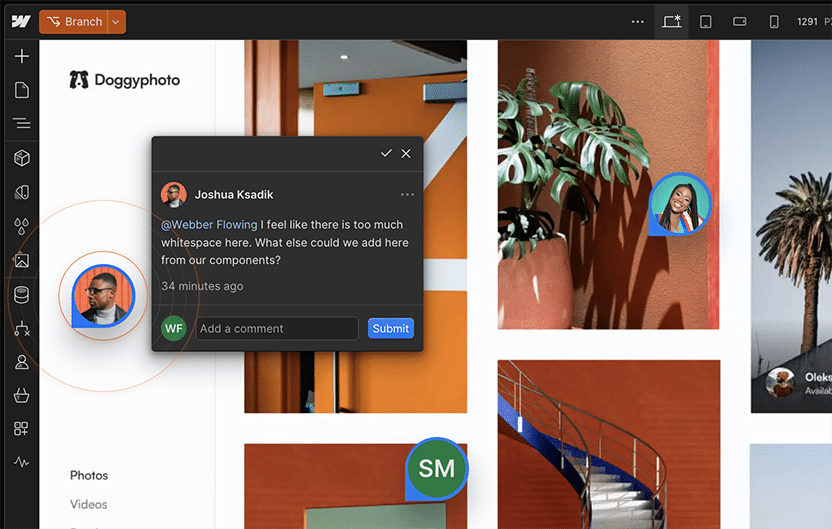 Webflow Developer & Designer 1 Screenshot of a Webflow design workspace for a project named 'Doggyphoto,' with a comment about adjusting whitespace on the design layout.
