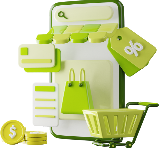 Shopify Web Developer & Designer 1 Icon of Shopify to show web development and design services with shopping cart, bag, and discount tags.